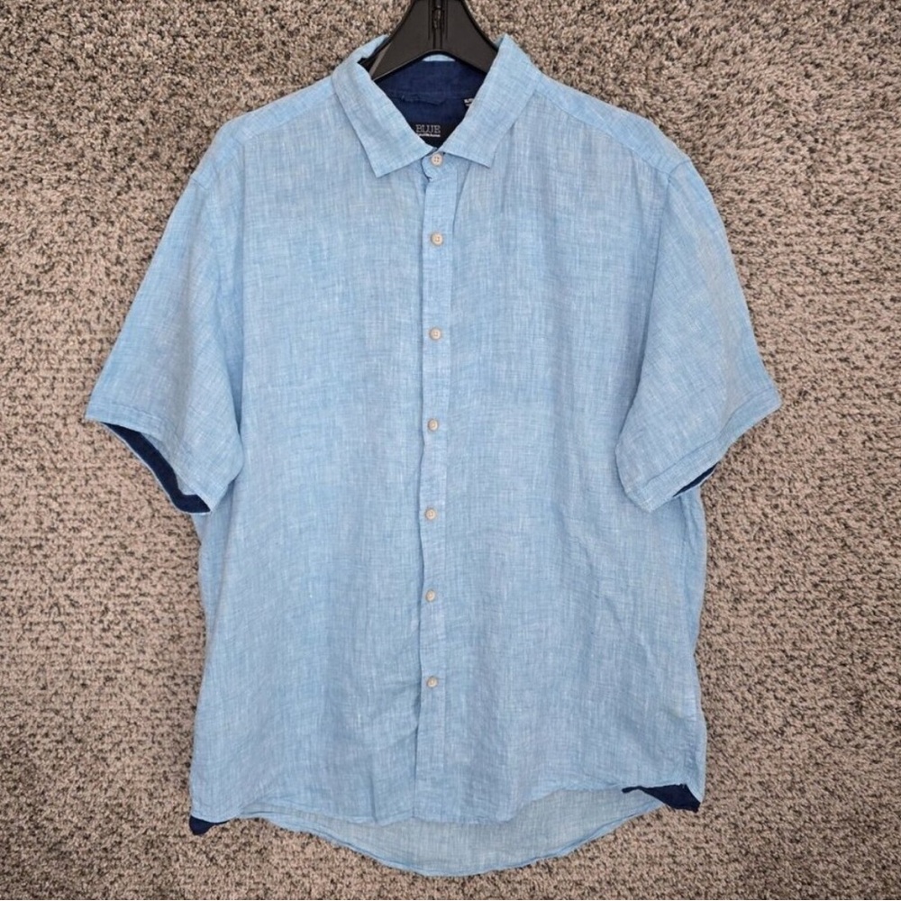 Blue Saks Fifth Avenue Shirt Mens XL Blue Linen Short Sleeve Button Down Casual